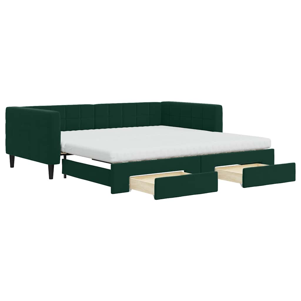 daybed med udtræk og skuffer 100x200 cm velour mørkegrøn