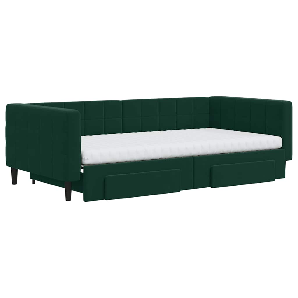 daybed med udtræk og skuffer 100x200 cm velour mørkegrøn