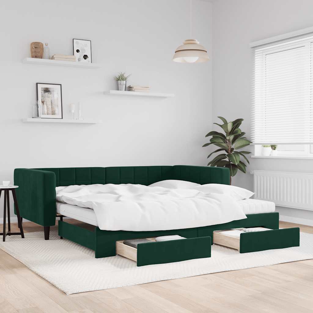 daybed med udtræk og skuffer 100x200 cm velour mørkegrøn