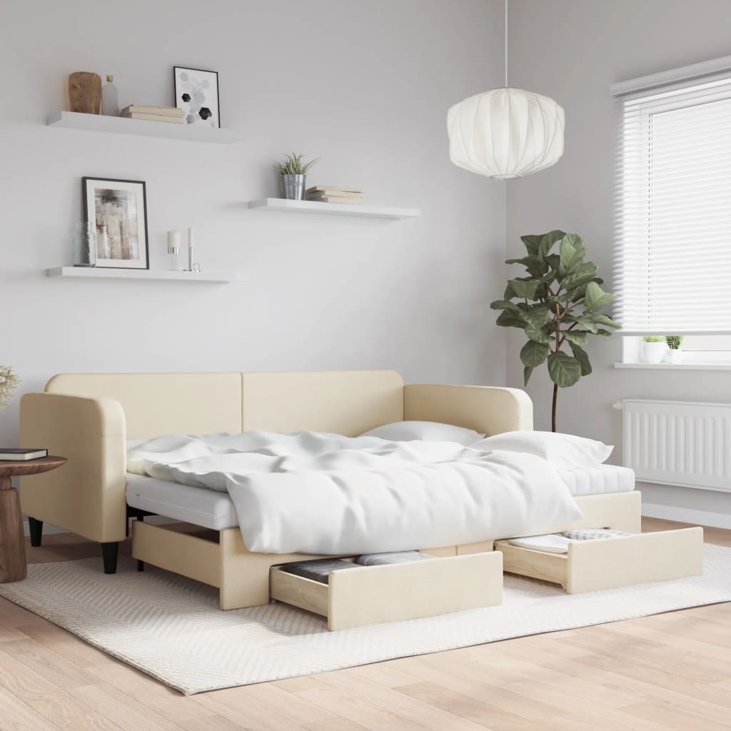 daybed med udtræk og skuffer 90x200 cm stof cremefarvet