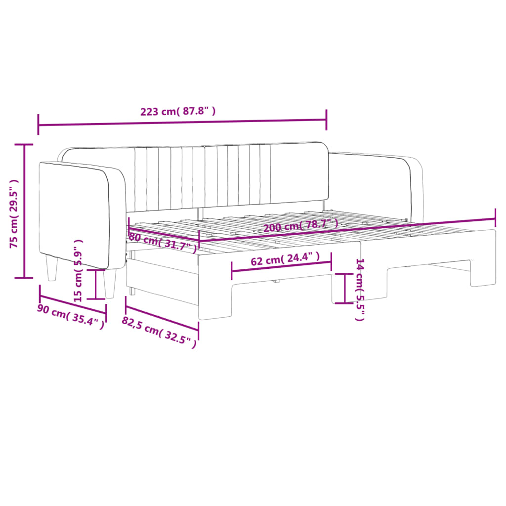 daybed med udtræk 80x200 cm velour lyserød