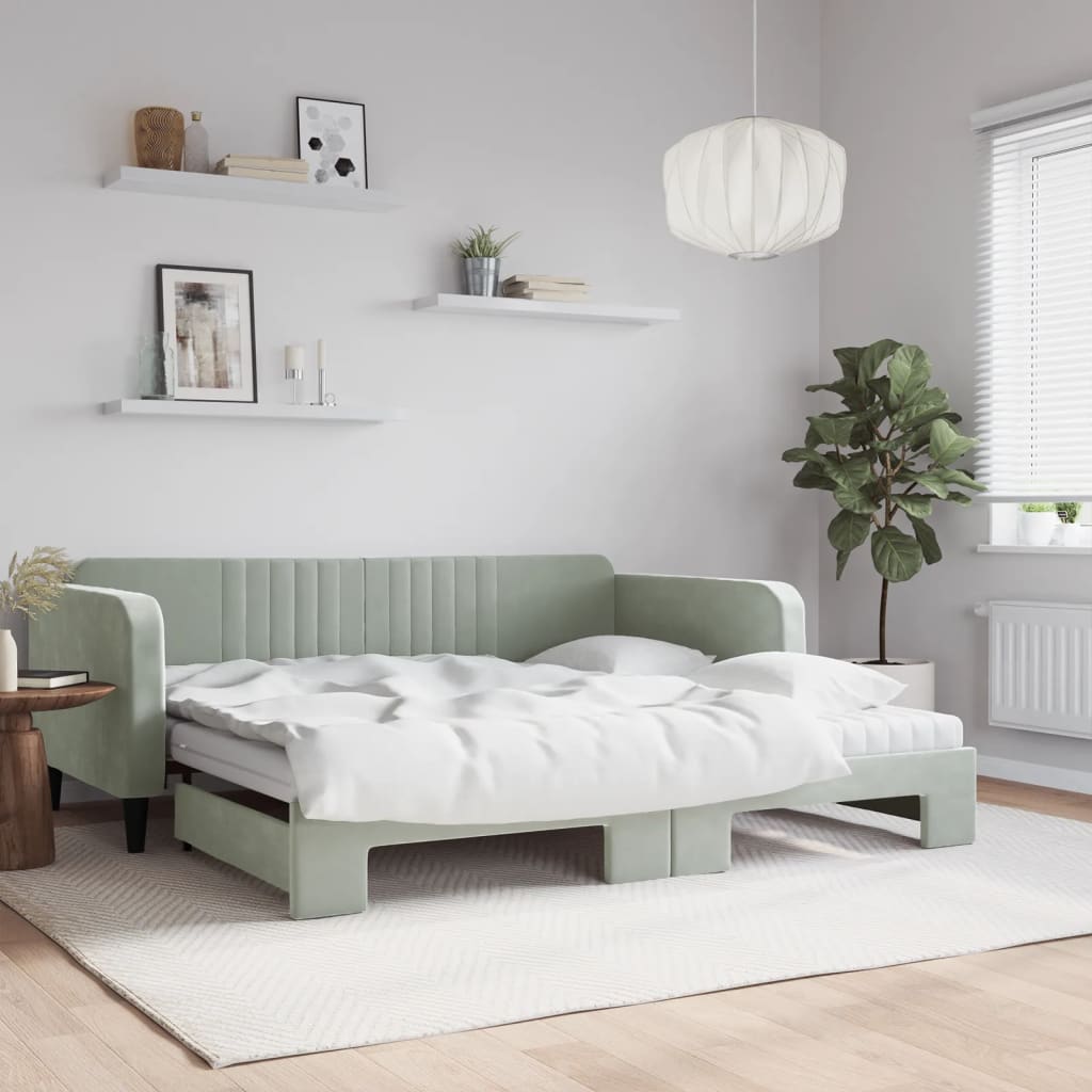 daybed med udtræk og madras 100x200 cm velour lysegrå