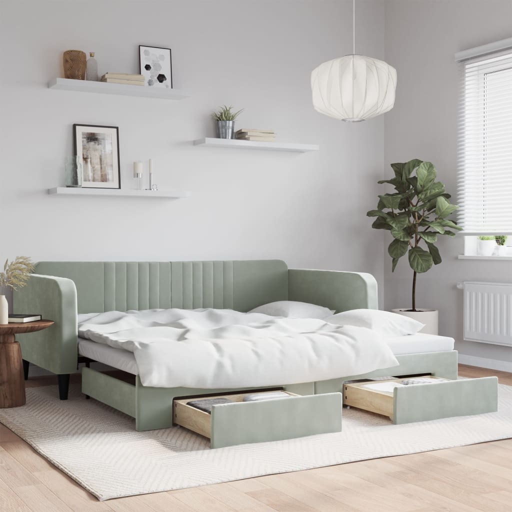 daybed med udtræk og skuffer 100x200 cm velour lysegrå
