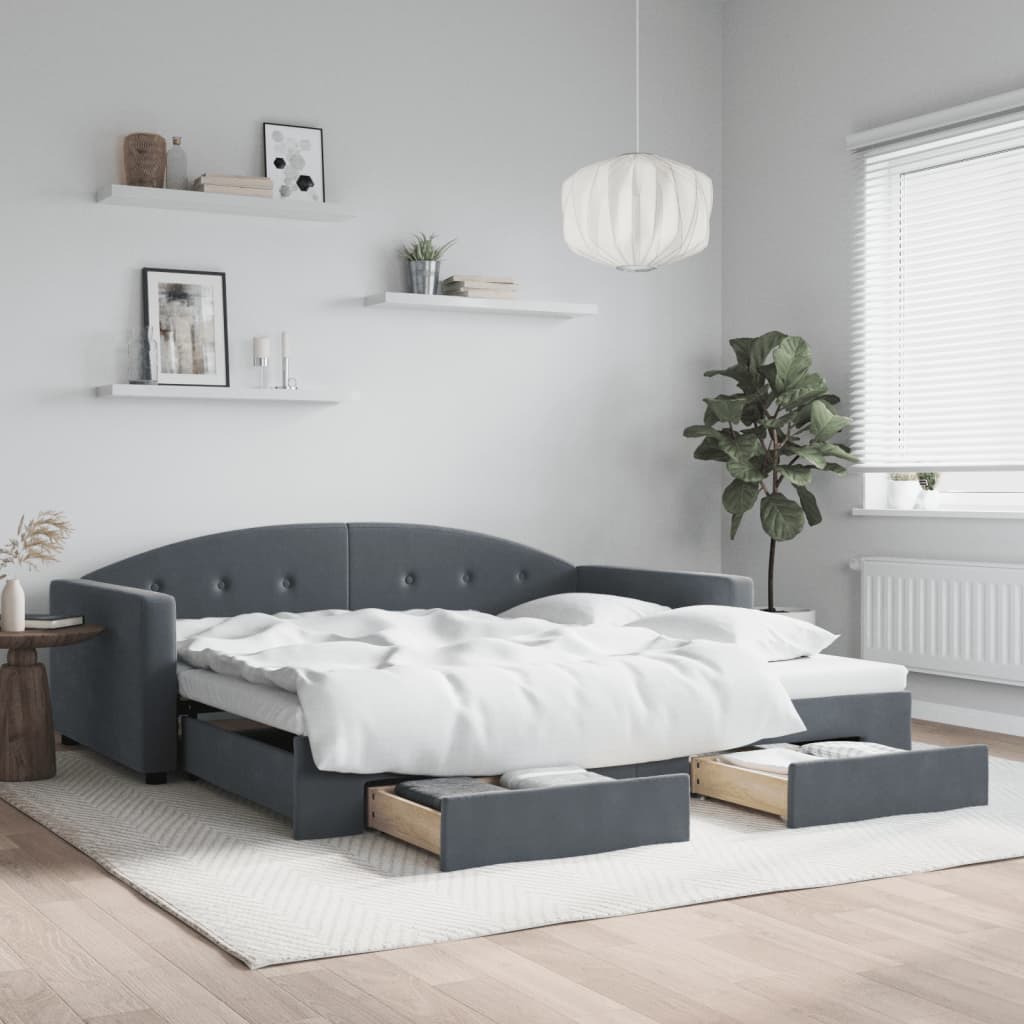 daybed med udtræk og skuffer 100x200 cm velour mørkegrå