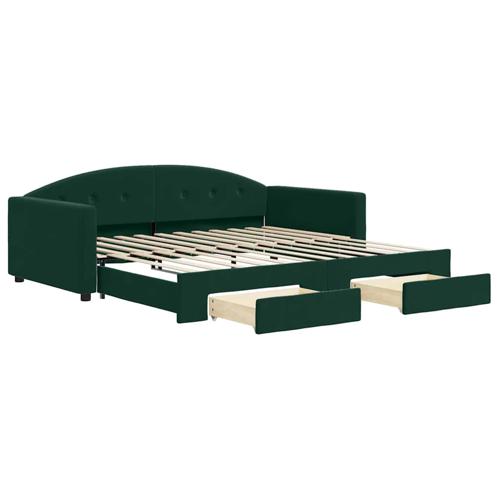 daybed med udtræk og skuffer 100x200 cm velour mørkegrøn
