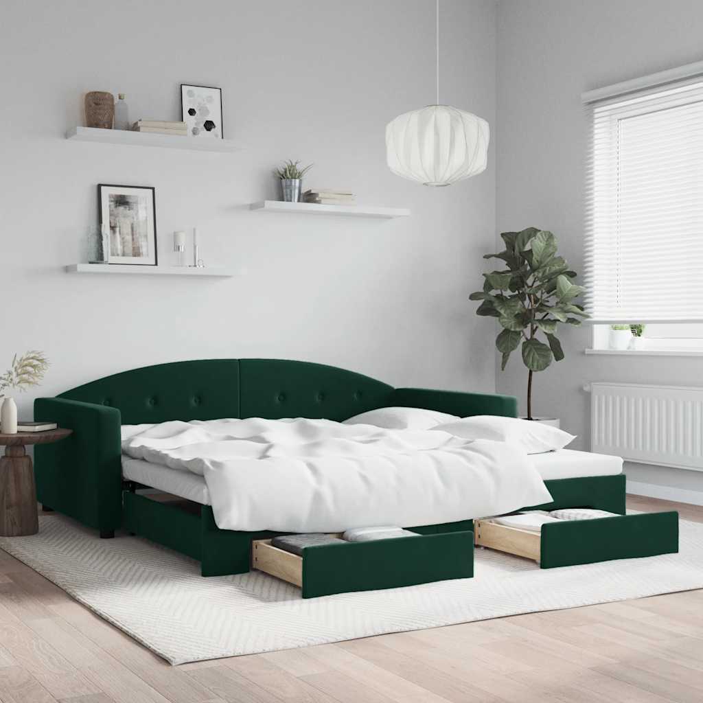 daybed med udtræk og skuffer 100x200 cm velour mørkegrøn