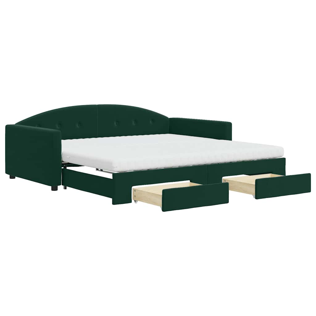 daybed med udtræk og skuffer 100x200 cm velour mørkegrøn