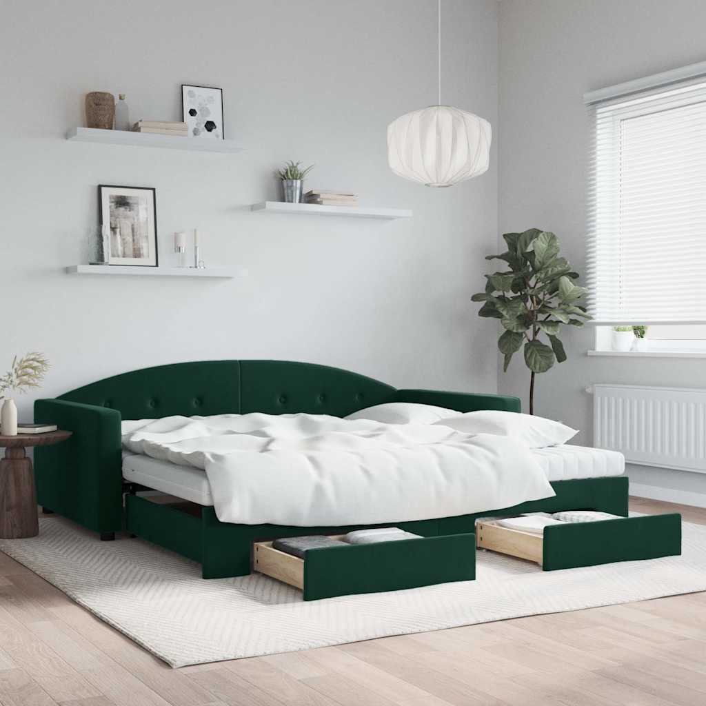daybed med udtræk og skuffer 100x200 cm velour mørkegrøn