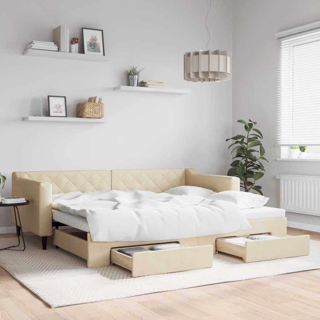 daybed med udtræk og skuffer 90x200 cm stof cremefarvet