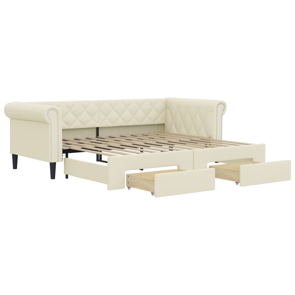 daybed med udtræk og skuffer 90x200 cm kunstlæder cremefarvet