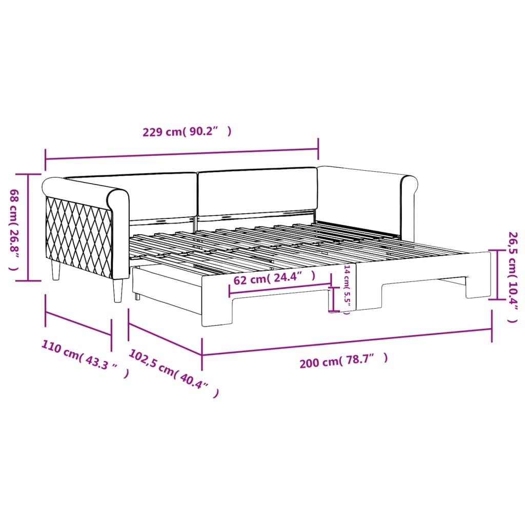 daybed med udtræk 100x200 cm velour lysegrå
