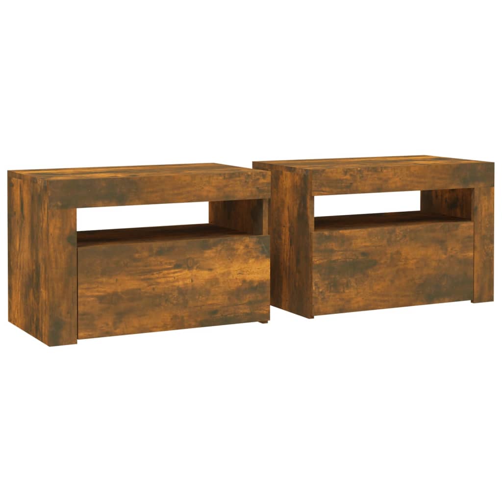 sengeborde med LED-lys 2 stk. 60x35x40 cm røget eg