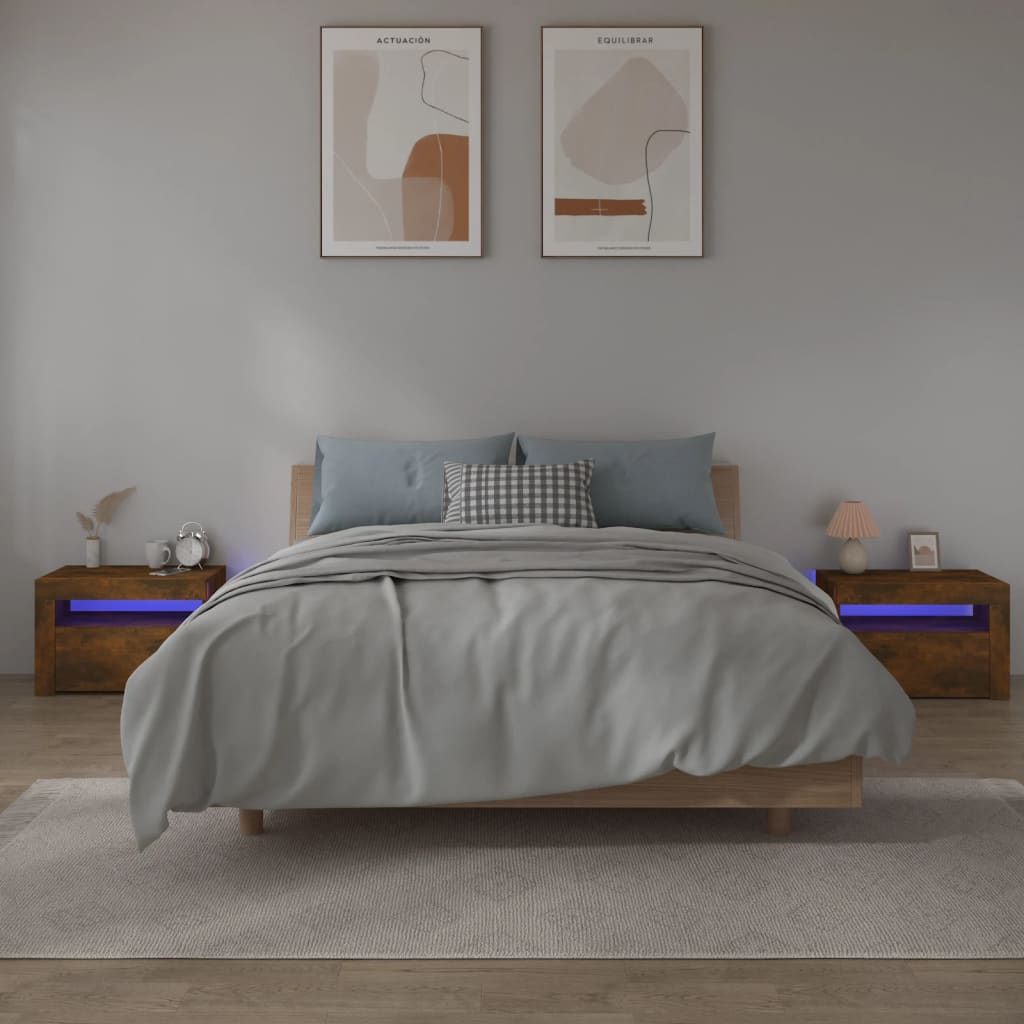 sengeborde med LED-lys 2 stk. 60x35x40 cm røget eg
