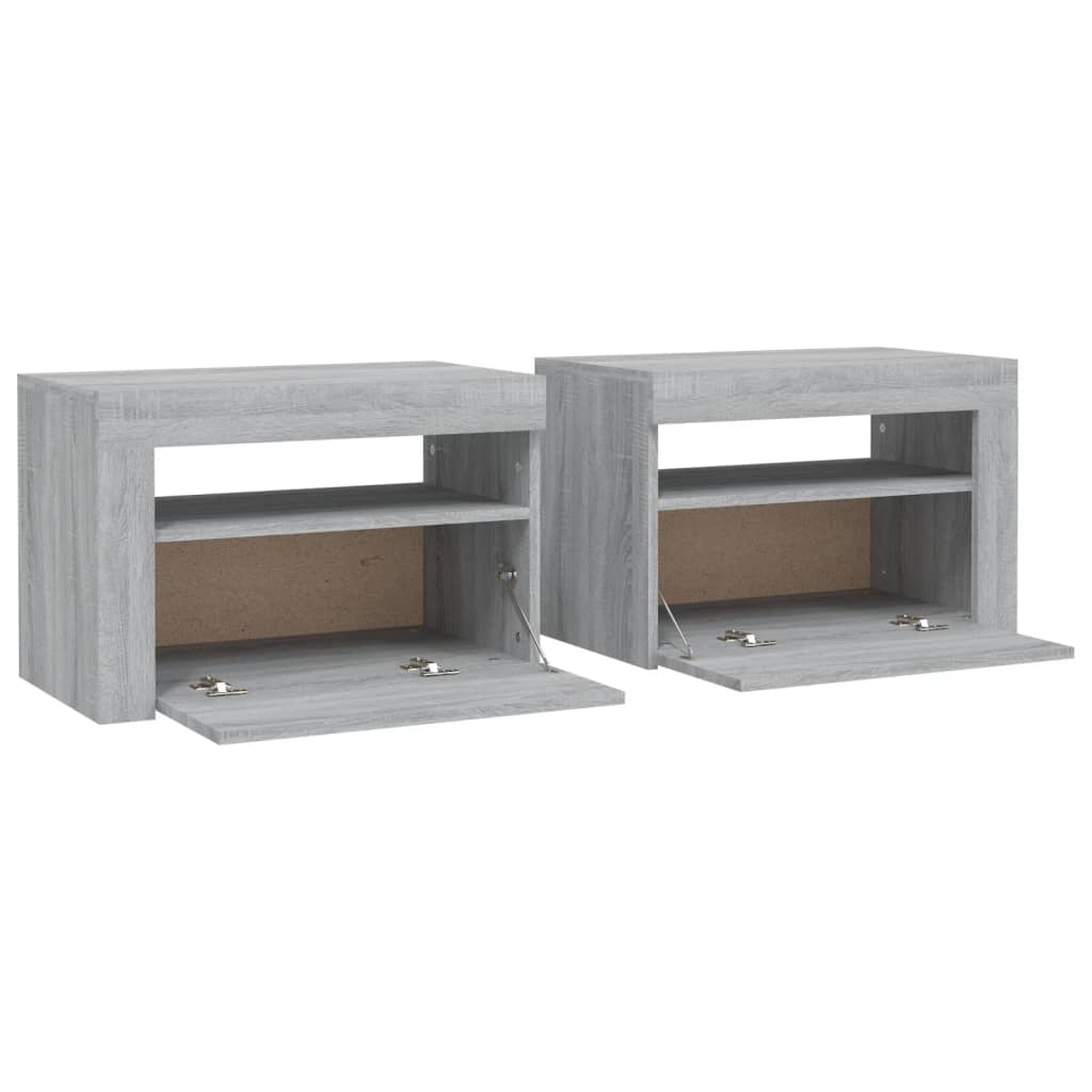 sengeborde med LED-lys 2 stk. 60x35x40 cm grå sonoma-eg