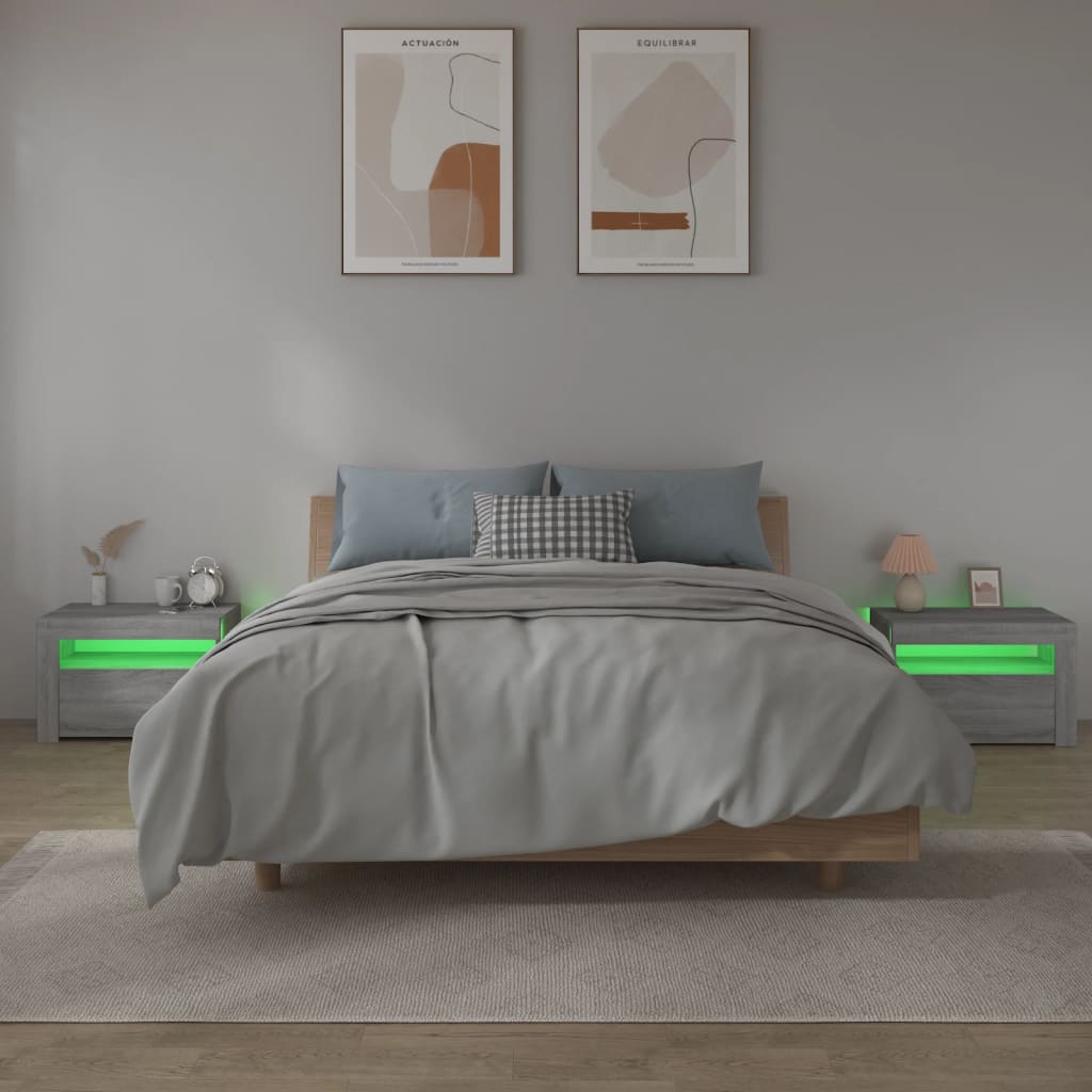 sengeborde med LED-lys 2 stk. 60x35x40 cm grå sonoma-eg
