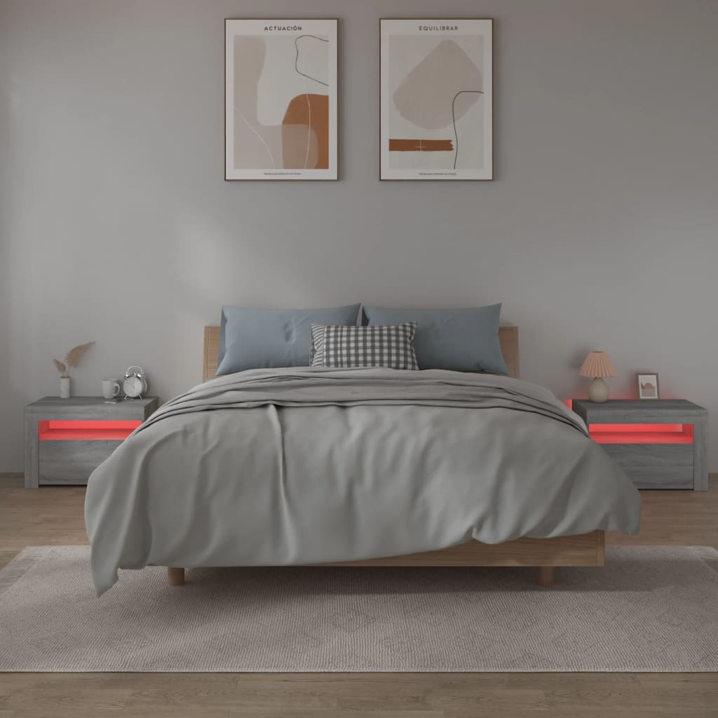 sengeborde med LED-lys 2 stk. 60x35x40 cm grå sonoma-eg