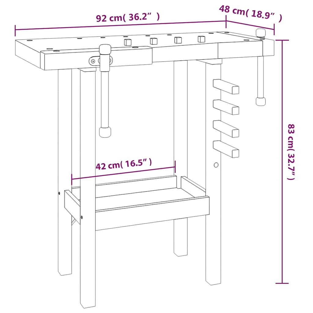 arbejdsbord med skruestik 92x48x83 cm massivt akacietræ