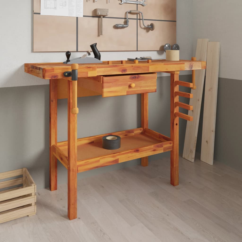 arbejdsbænk med skuffe og skruestik 124 x 52 x 83 cm massivt træ akacie