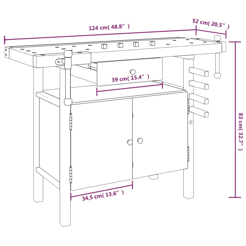 arbejdsbænk med skuffe og skruestik 124 x 52 x 83 cm massivt træ akacie