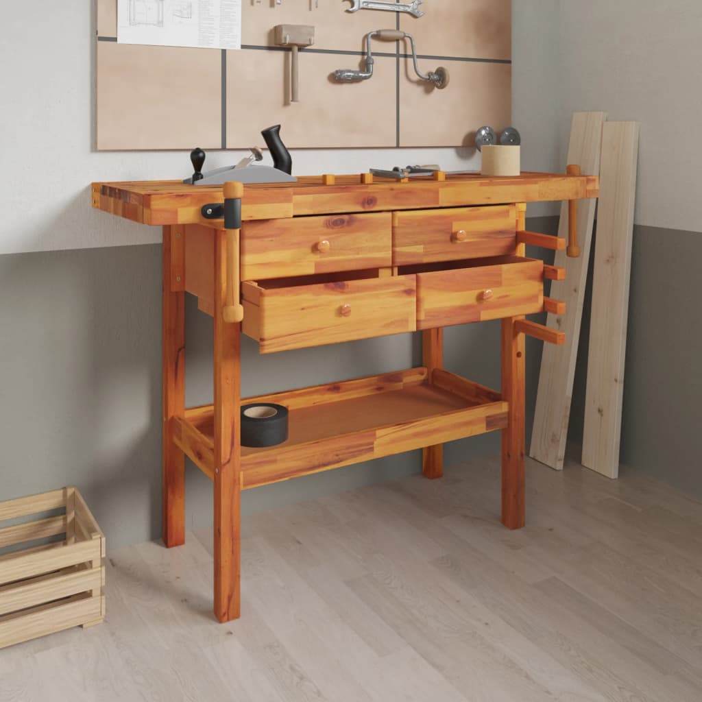 arbejdsbord skuffer og skruestik 124x52x83 cm massivt akacietræ