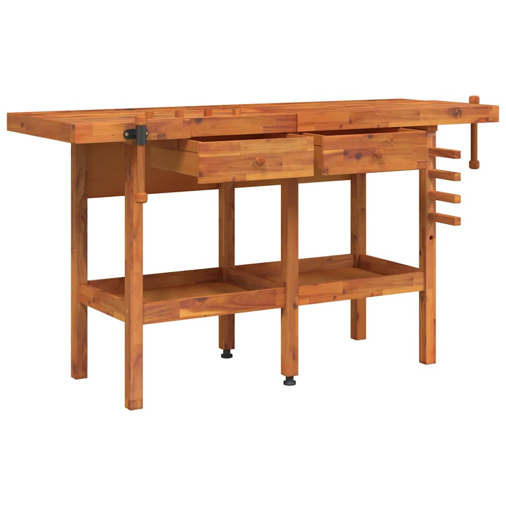arbejdsbord m. skuffer + skruestik 162x62x83 cm massivt akacie