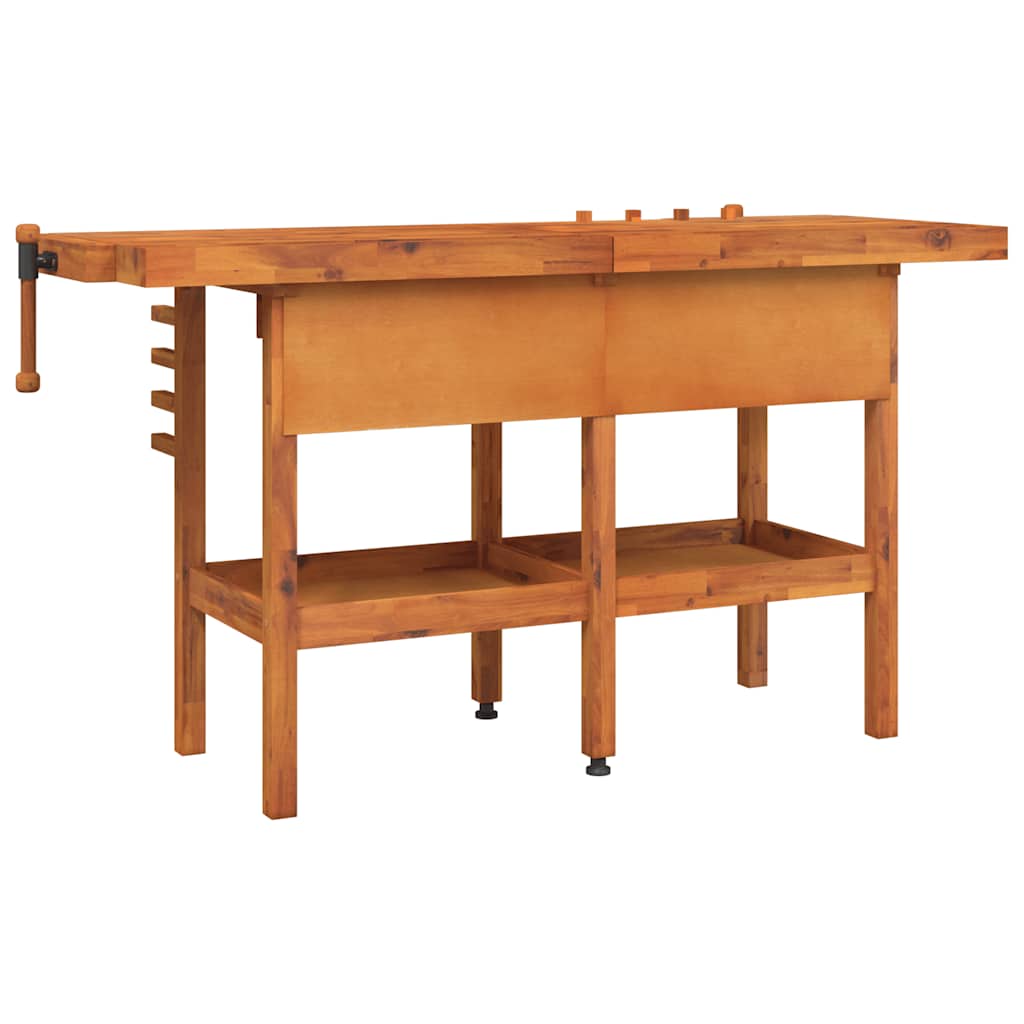 arbejdsbord m. skuffer + skruestik 162x62x83 cm massivt akacie