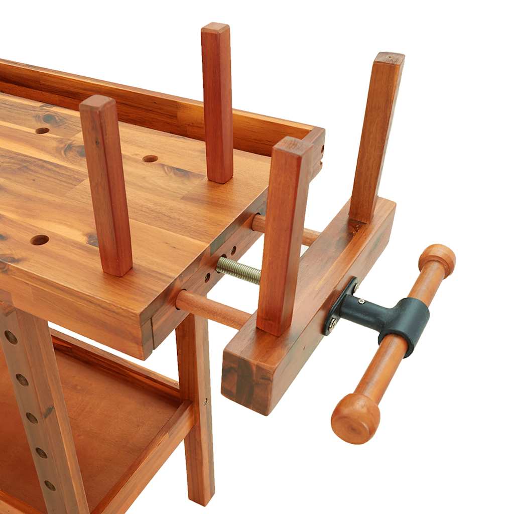 arbejdsbord m. skuffer + skruestik 162x62x83 cm massivt akacie