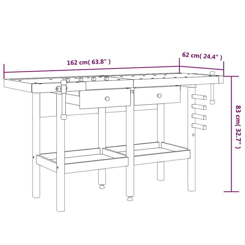 arbejdsbord m. skuffer + skruestik 162x62x83 cm massivt akacie