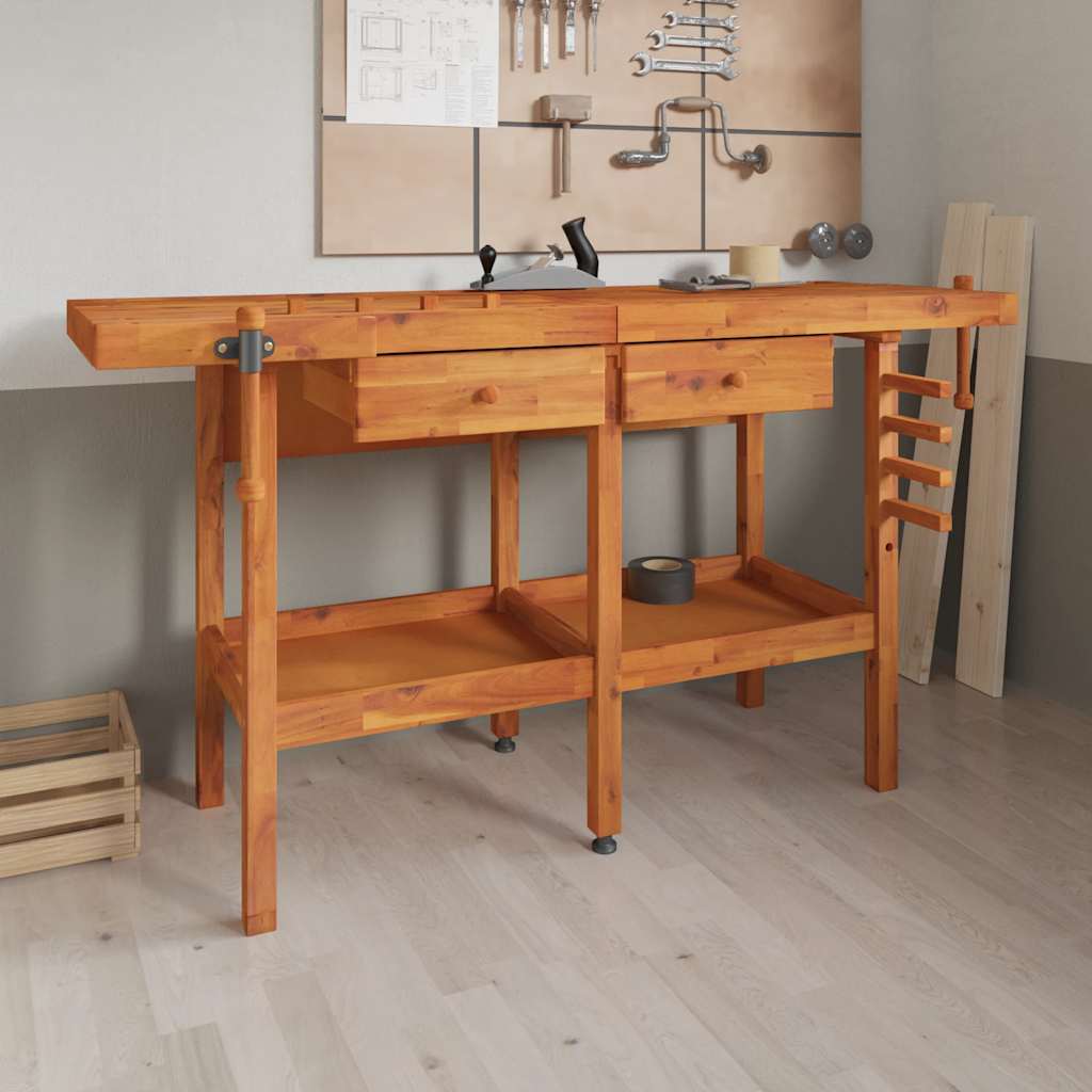 arbejdsbord m. skuffer + skruestik 162x62x83 cm massivt akacie