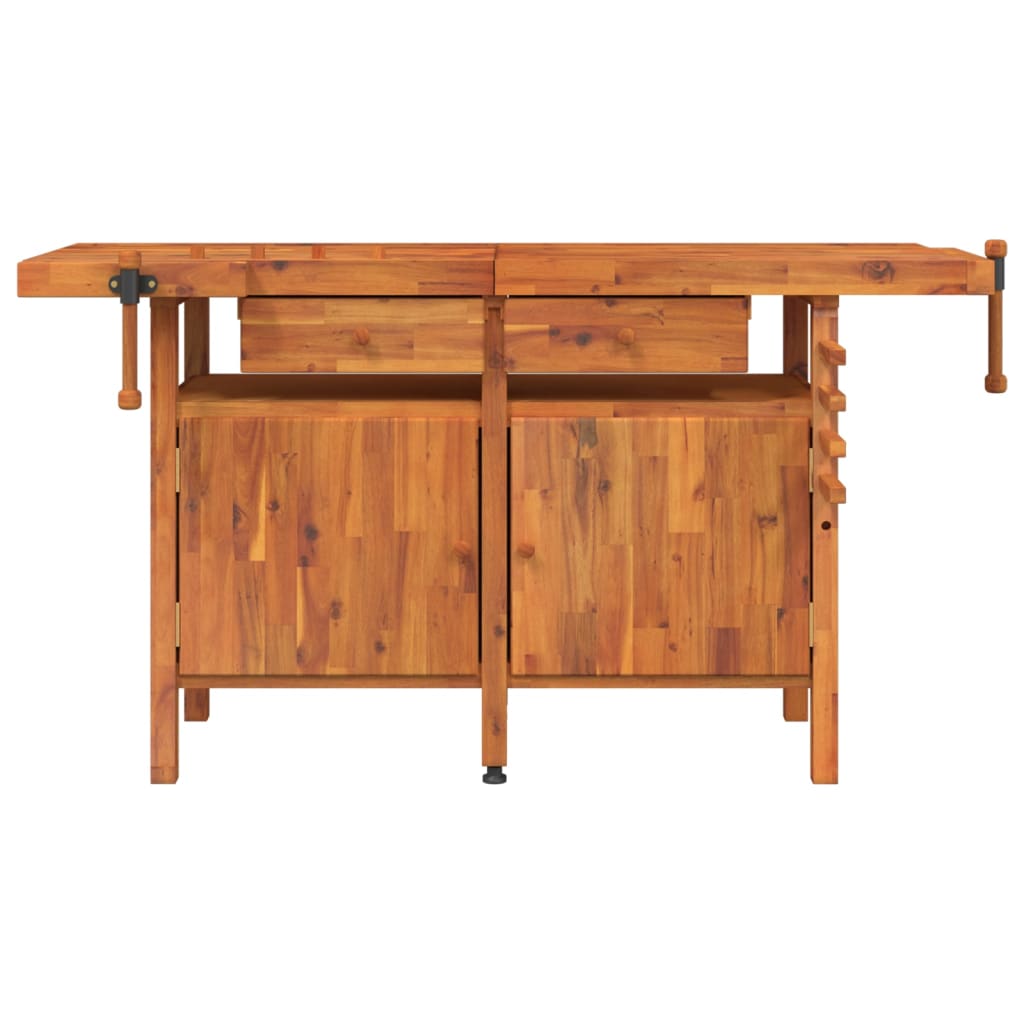 arbejdsbord m. skuffer + skruestik 162x62x83 cm massivt akacie