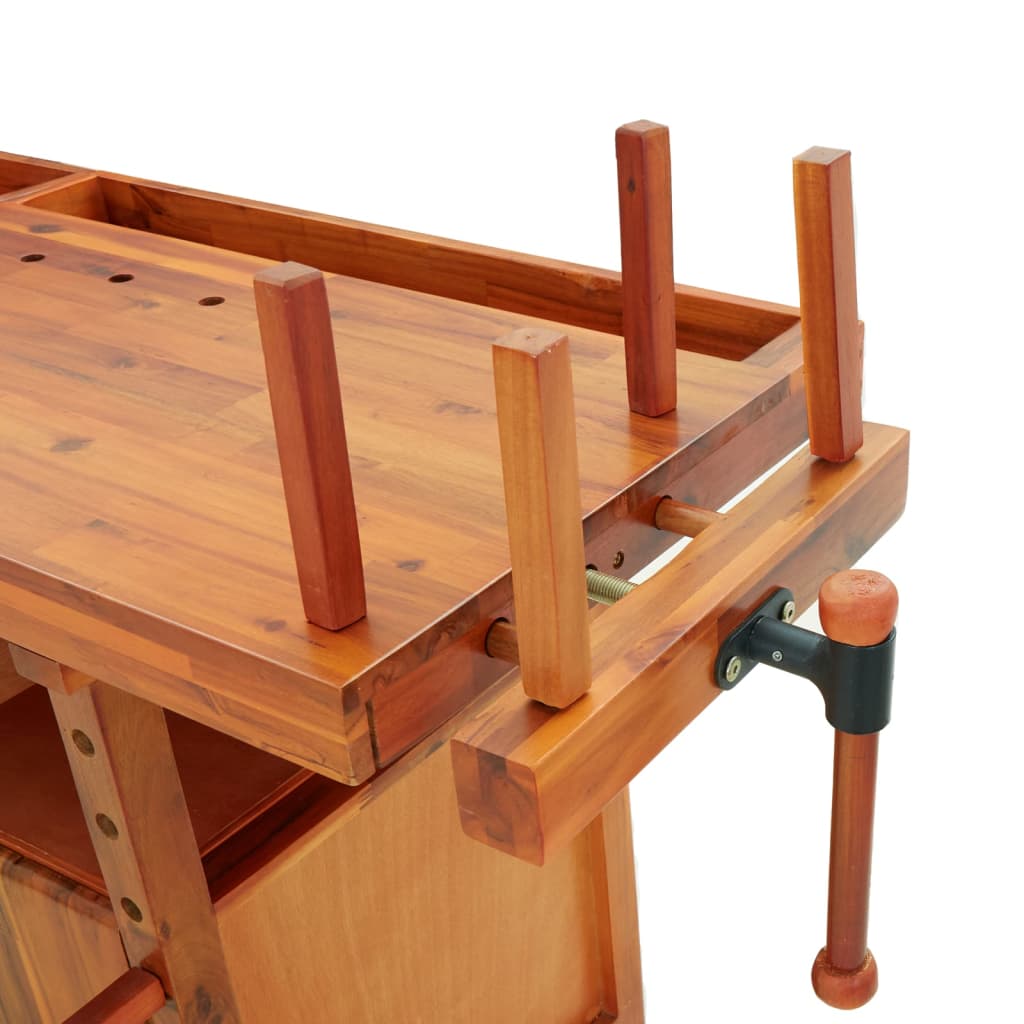 arbejdsbord m. skuffer + skruestik 162x62x83 cm massivt akacie