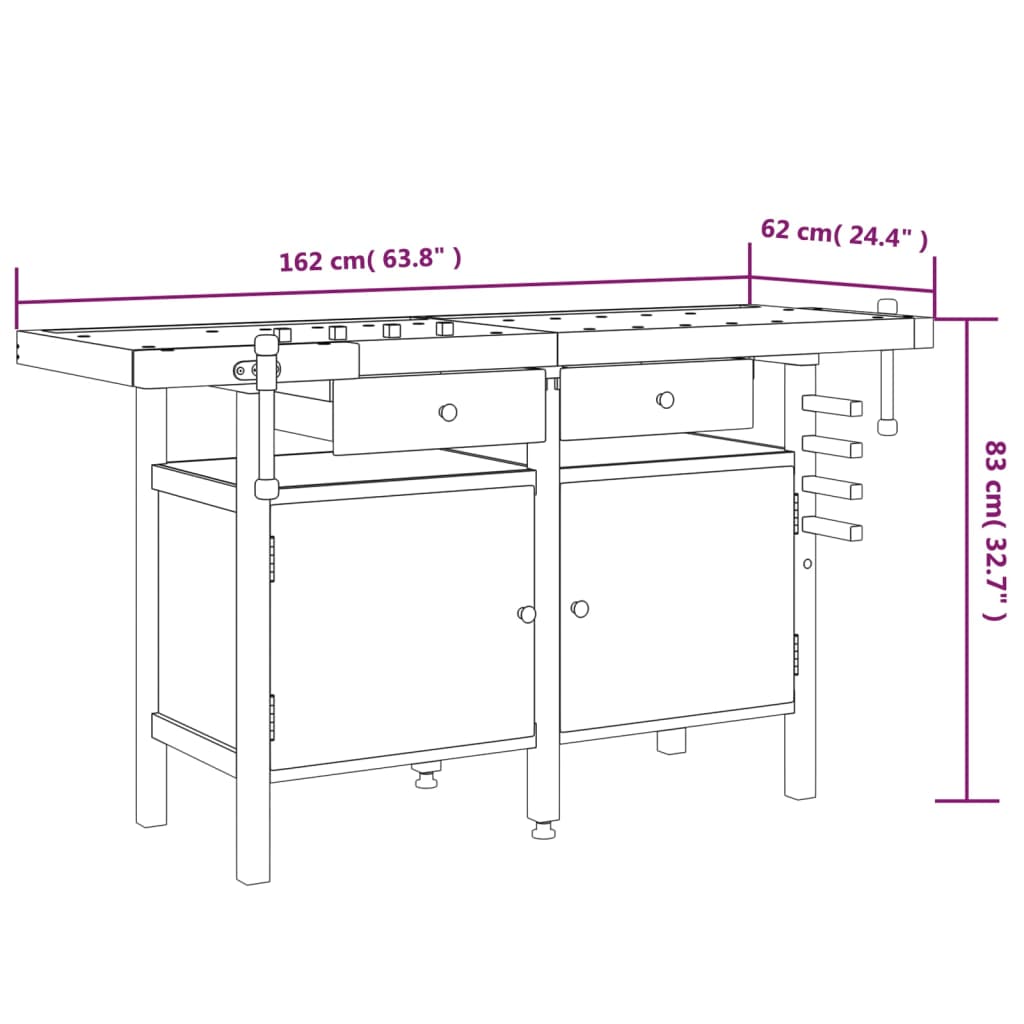 arbejdsbord m. skuffer + skruestik 162x62x83 cm massivt akacie