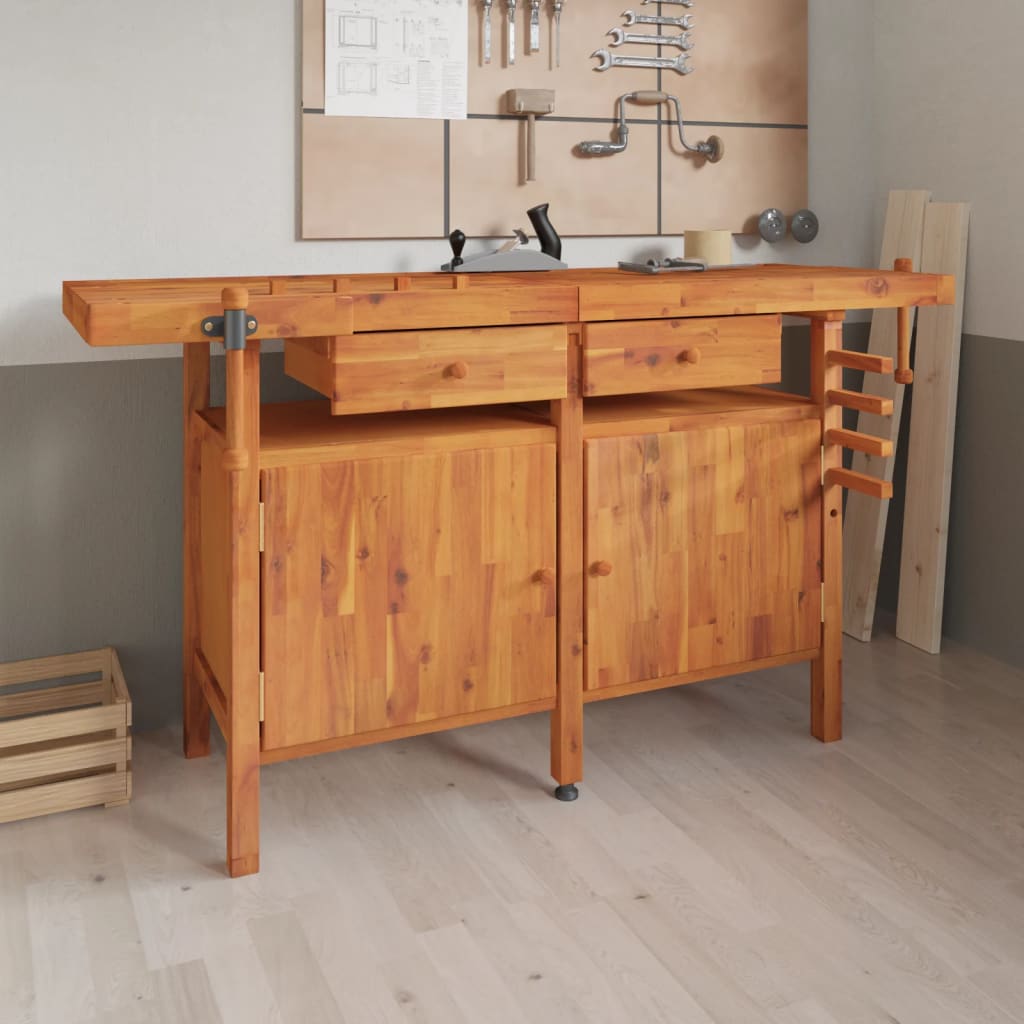 arbejdsbord m. skuffer + skruestik 162x62x83 cm massivt akacie