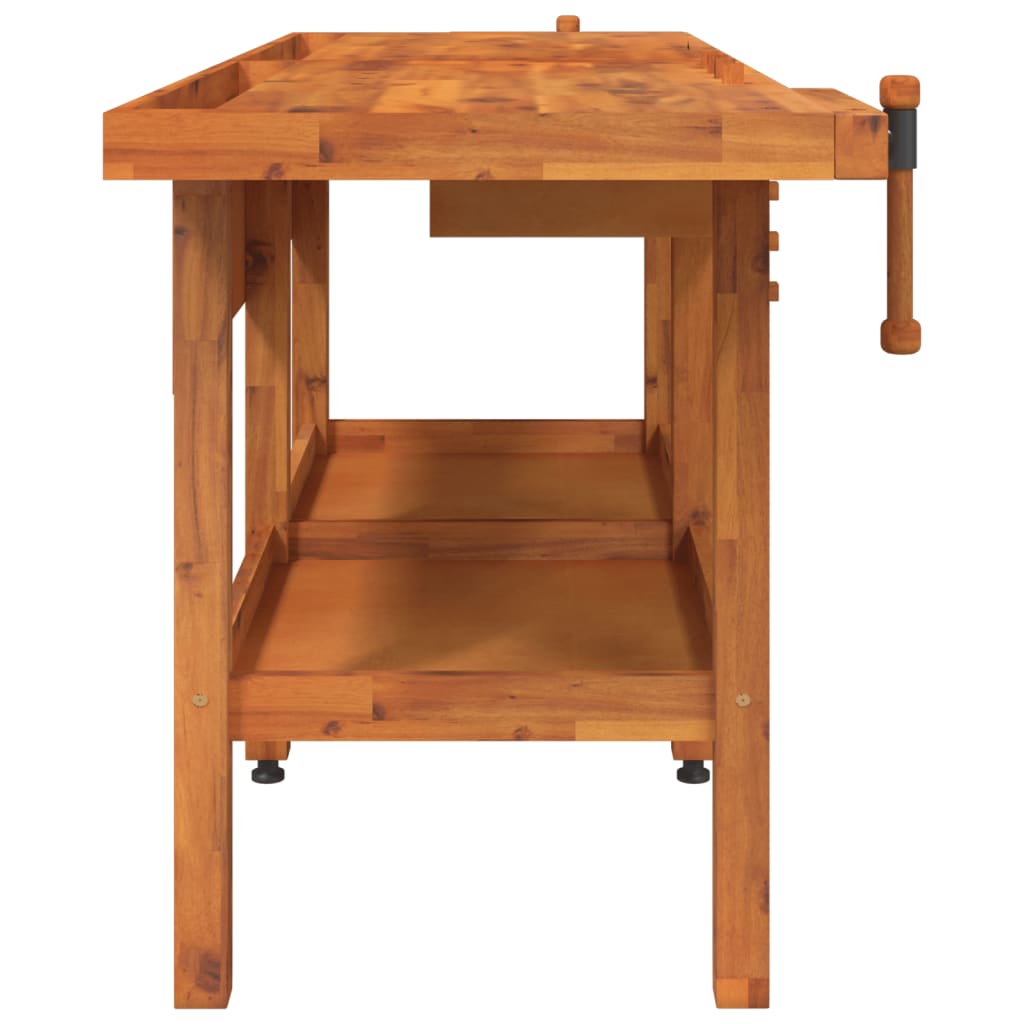 arbejdsbord m. skuffer + skruestik 192x62x83 cm massivt akacie
