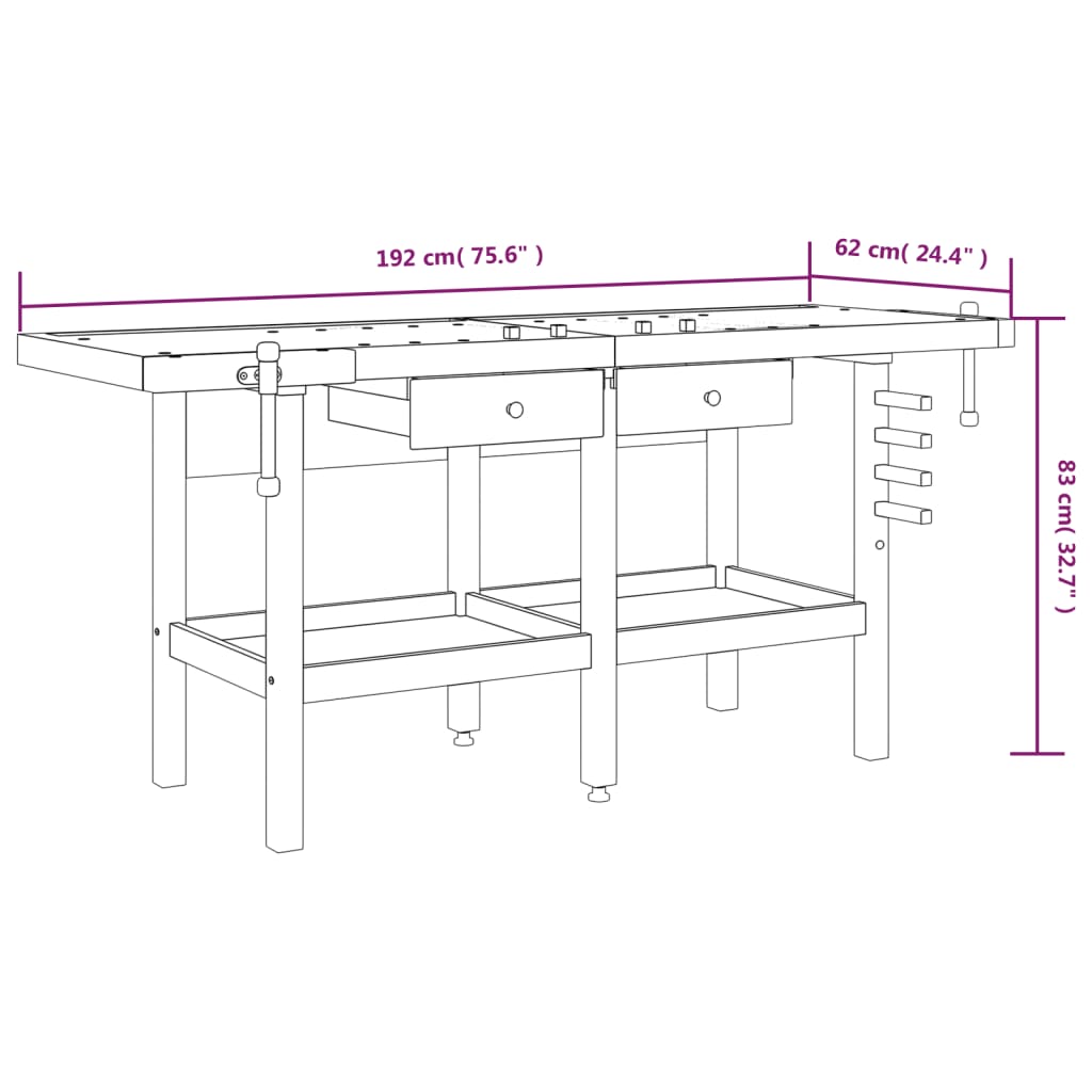 arbejdsbord m. skuffer + skruestik 192x62x83 cm massivt akacie