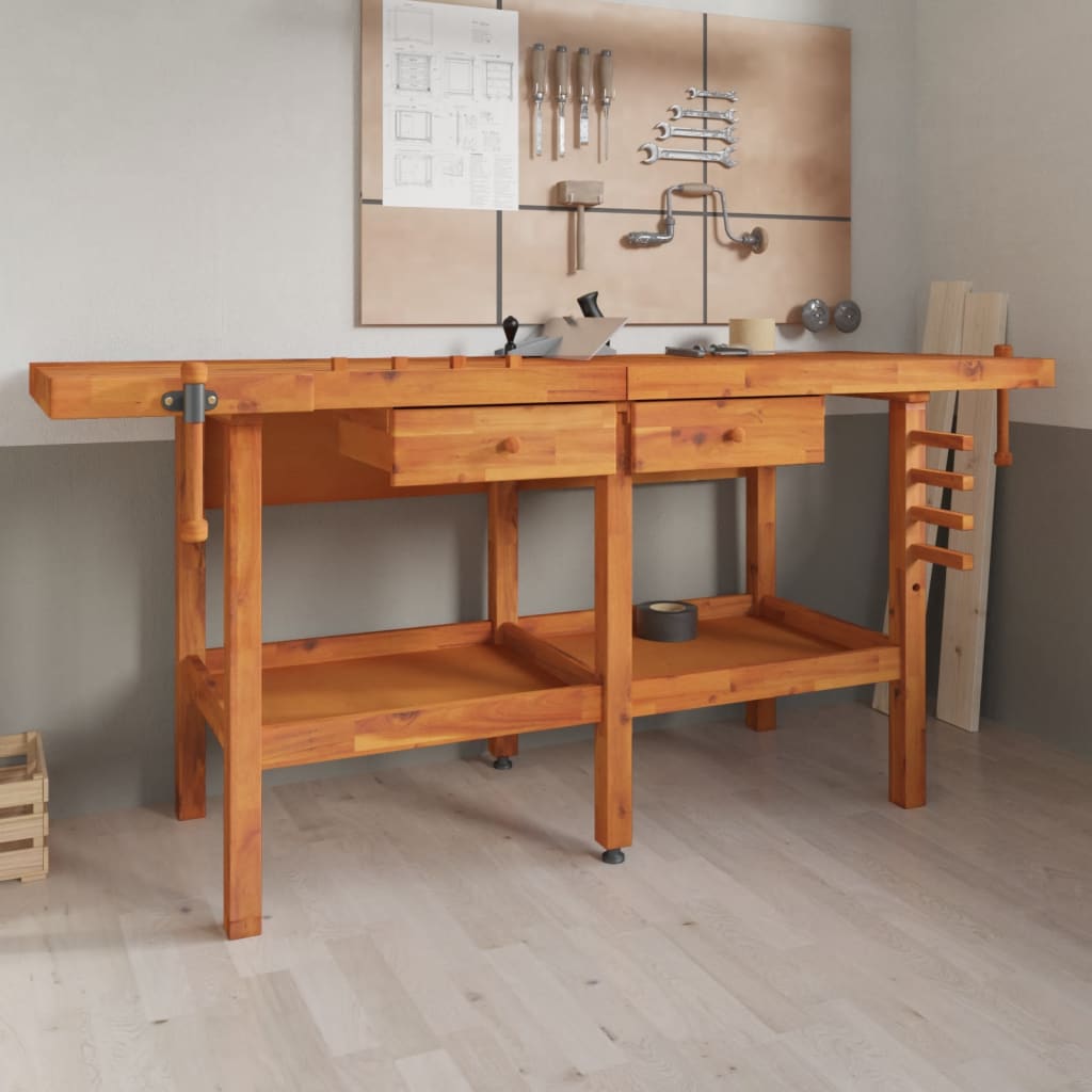 arbejdsbord m. skuffer + skruestik 192x62x83 cm massivt akacie