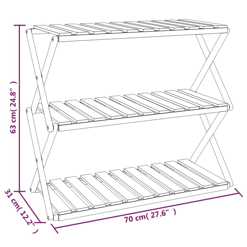 foldbar reol med 3 hylder 70x31x63 cm massivt akacietræ brun