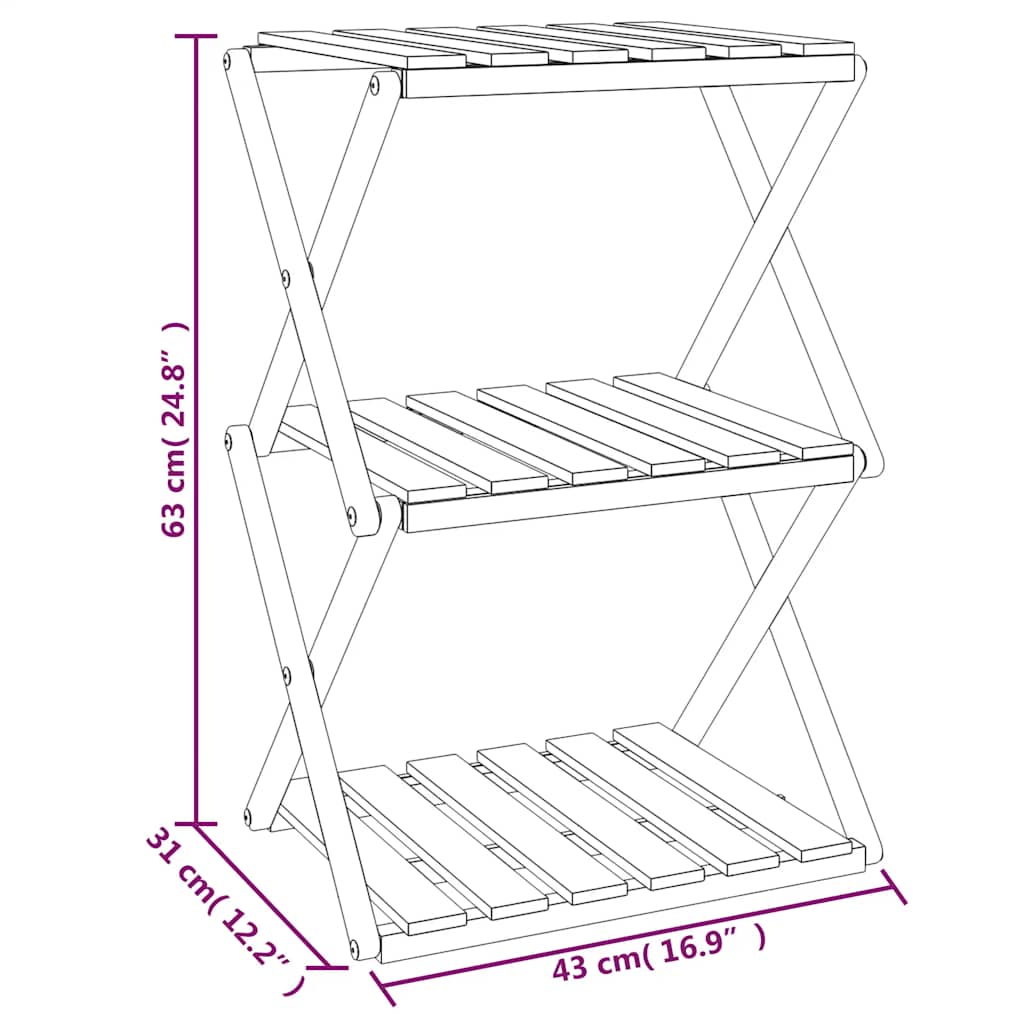 foldbar reol med 3 hylder 43x31x63 cm massivt akacietræ brun