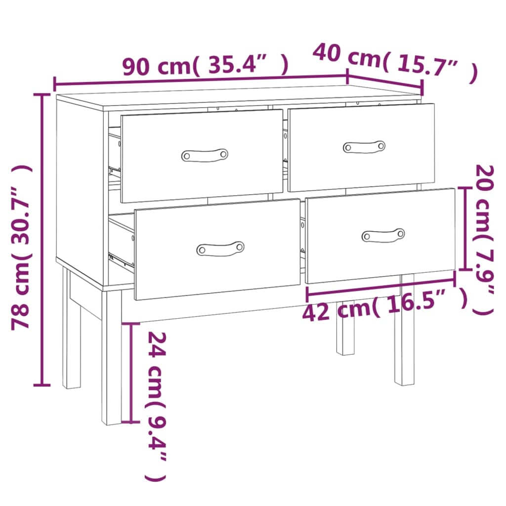 konsolskab 90x40x78 cm massivt fyrretræ