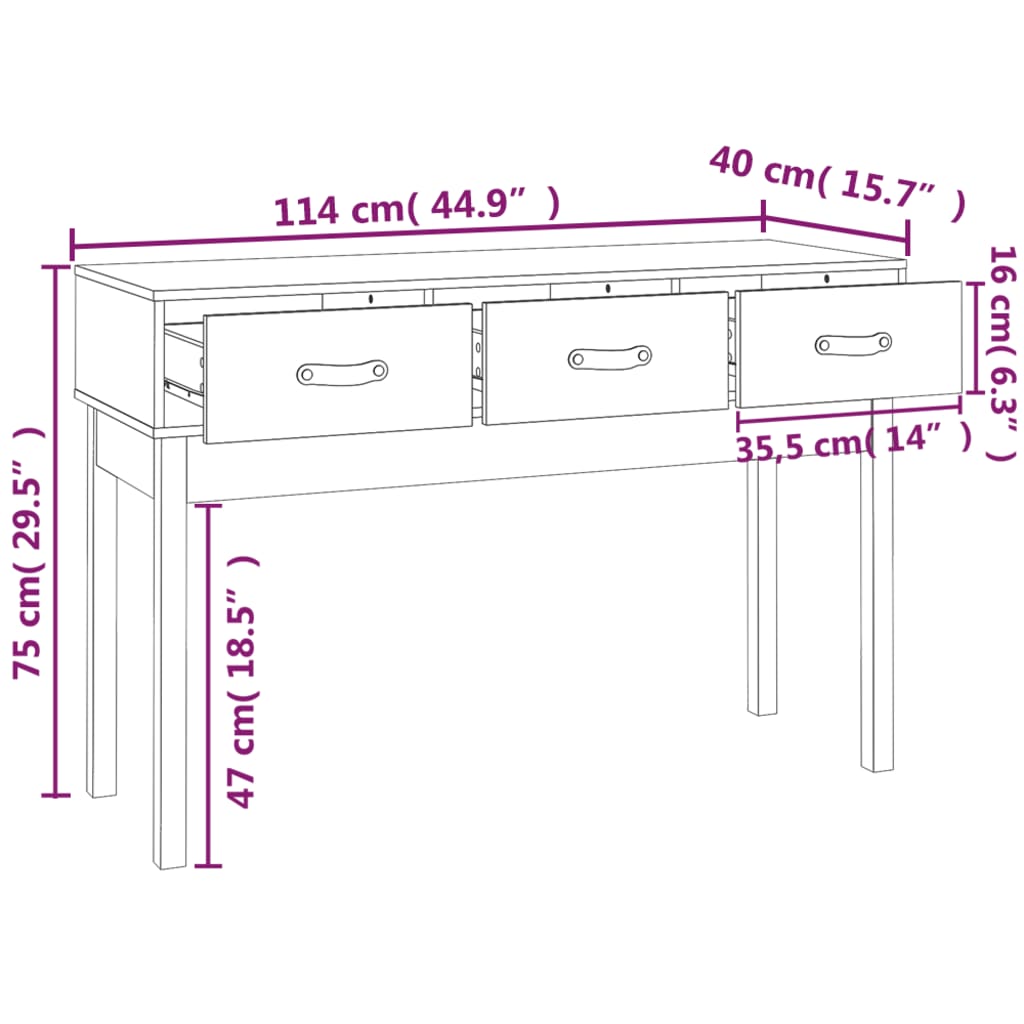 konsolbord 114x40x75 cm massivt fyrretræ gyldenbrun