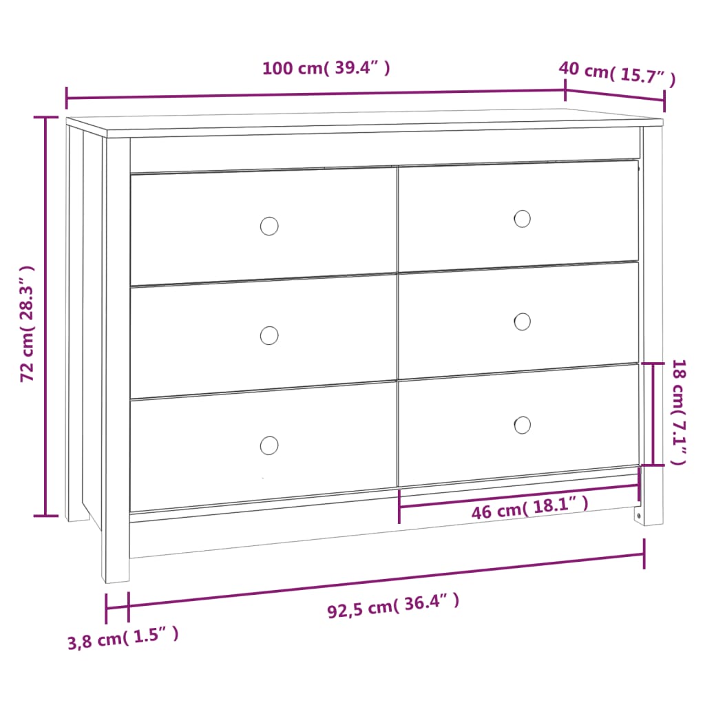 kommode 100x40x72 cm massivt fyrretræ hvid