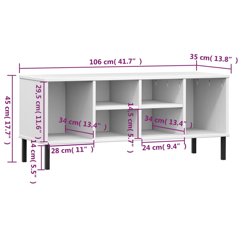 skoreol med metalben OSLO 106x35x45 cm massivt træ hvid