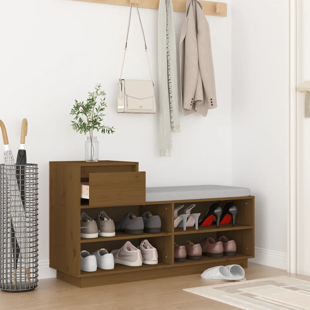 skoreol 110x34x61 cm massivt fyrretræ gyldenbrun