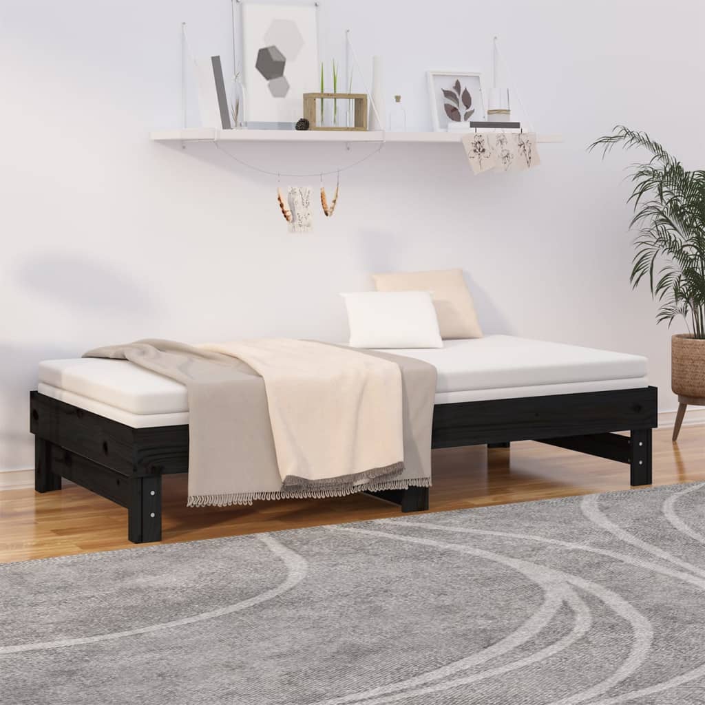 daybed med udtræk 2x(90x190) cm massivt fyrretræ sort