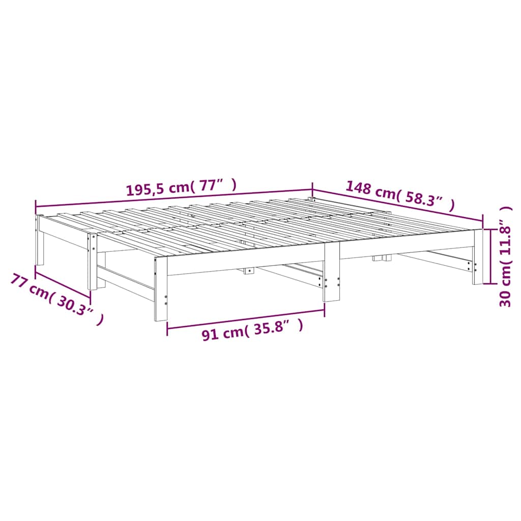 daybed med udtræk 2x(75x190) cm massivt fyrretræ