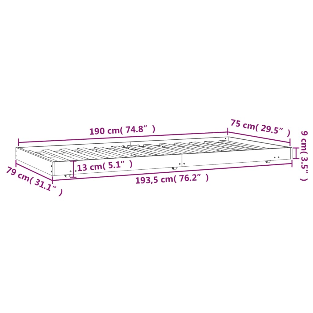 sengeramme uden madras 75x190 cm massivt fyrretræ