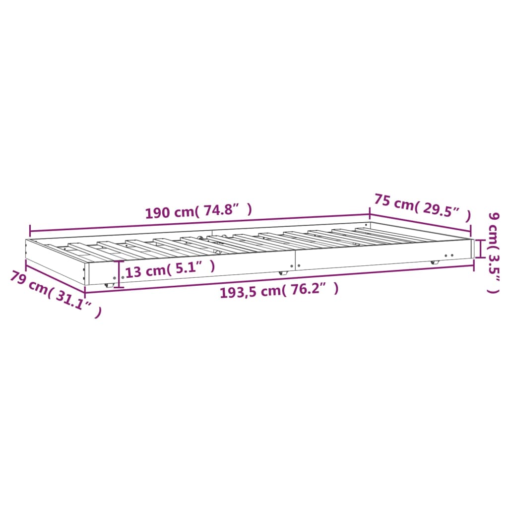sengeramme uden madras 75x190 cm massivt fyrretræ hvid