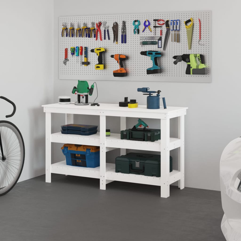 Arbejdsbænk med hylde Hvid 142,5 x 50 x 80 cm Massivt fyrretræ