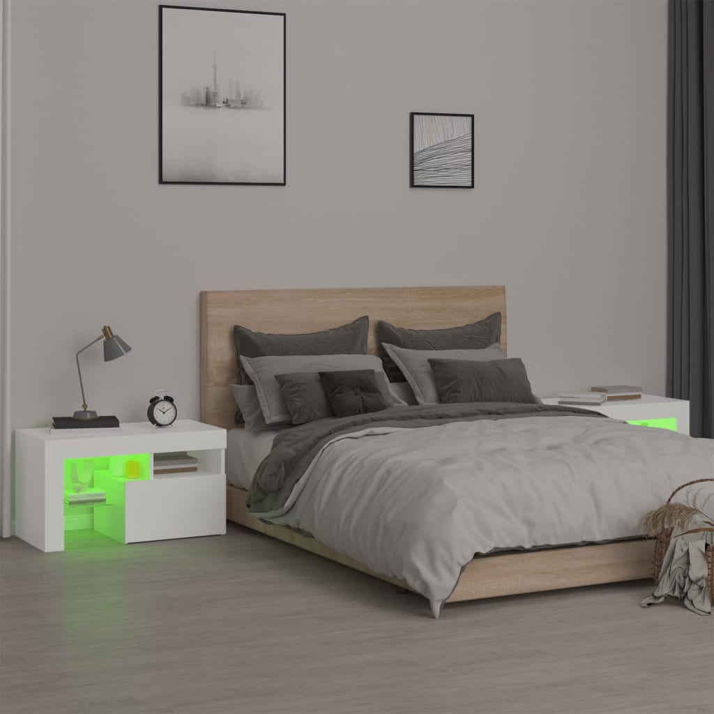 sengeborde 2 stk. med LED-lys 70x36,5x40 cm hvid
