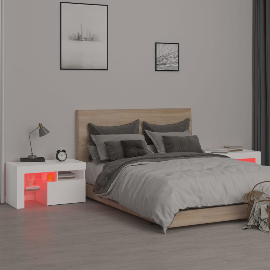 sengeborde 2 stk. med LED-lys 70x36,5x40 cm hvid